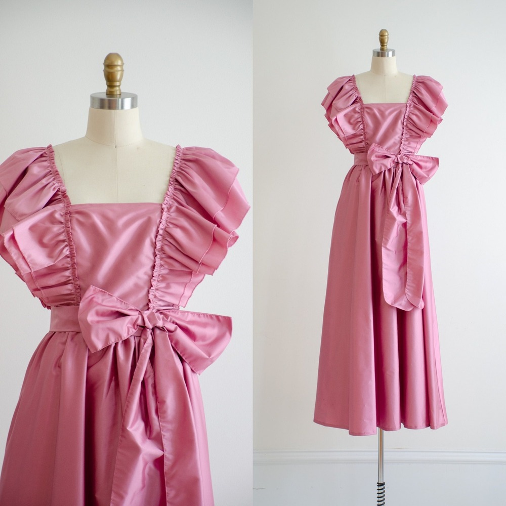 80s vtg bubblegum pink‎ taffeta ruffled off shoulder formal dress gown